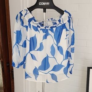Blue and White Leaf Print Women's Top, Small